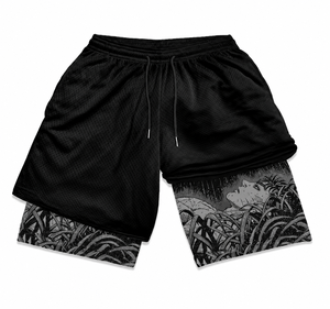 Shorts en maille 100 % coton noir pour homme avec motif flamme, style athlétique rétro, taille mi-élastique, vêtements de sport d'été - Product Image 2