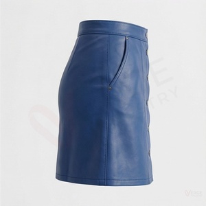 Women Blue <b>Faux</b> <b>Leather</b> Mini <b>Skirt</b> High Waist A-Line Button Up Moto Style Shiny Solid Short <b>Skirt</b> - Product Image 3