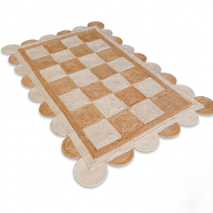 พรมปอกระเจาสีกลางทำด้วยมือพรมสี่เหลี่ยมสี่เหลี่ยมสีขาวและสีเบจพร้อมดีไซน์ขอบวงกลมสำหรับห้องนั่งเล่น - Product Image 2