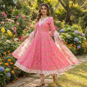 Ensemble Kurta Anarkali pour femmes, imprimé floral rose, col en V, robe évasée avec dupatta, tenue traditionnelle ethnique festive - Product Image 6