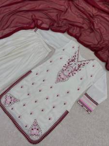 <b>Women's</b> <b>White</b> Embroidered Silk Anarkali <b>Suit</b> Palazzo Pants Maroon Dupatta Indian Pakistani Ethnic Wear Shreeji Fashion Quick Dry - Product Image 6