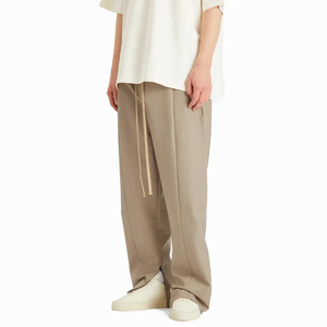 Pantalon large pour homme, taille élastique avec cordon de serrage, décontracté, beige, respirant, en polyester, style printemps, devant plat - Product Image 1