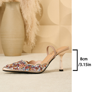 Women's Crystal Embellished <b>Pointed</b> <b>Toe</b> High Heel <b>Mules</b> Elegant Slip on Stiletto Sandals - Product Image 6