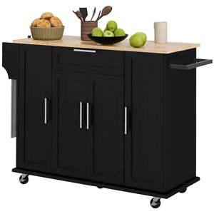Carrello moderno a isola cucina nera con piano in legno naturale, cassetti, portasciugamani e armadietto - Product Image 1