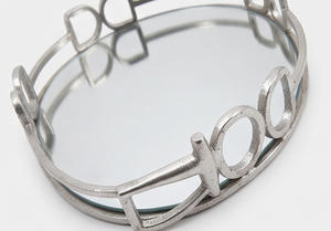 Premium <b>Round</b> <b>Mirror</b> Serving <b>Tray</b> With Geometric Metal Frame Polished Finish Decorative Residential Use Wedding Event Restaurant - Product Image 3