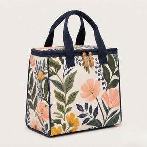 Sac à déjeuner isotherme en toile à fleurs, écologique, grande capacité, sac de pique-nique pour femmes, boîte à lunch réutilisable avec fermeture éclair - Product Image 3