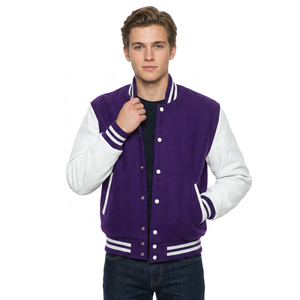 Chaqueta Varsity de Lana para Hombre, Invierno, con Letras Bordadas en Blanco y Morado, Estilo Urbano, Corte Regular, Cuello en V, Cierre de Botones, Resistente al Viento - Product Image 1