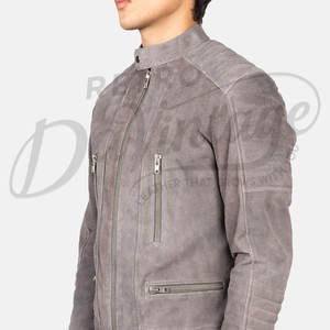 Chaqueta de motociclista Café Racer para hombre, de cuero genuino de gamuza gris, con hombros acolchados, corte ajustado, con cremallera, para motocicleta. - Product Image 6