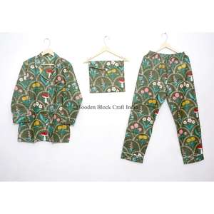 Ensemble de pyjama en coton à motif floral, design élégant et simple, imprimé à la main, vêtements de nuit pour femmes, léger, pour l'été, vêtements de détente - Product Image 4