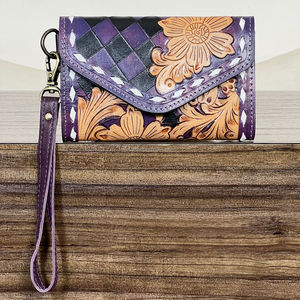 New Arrival Purple & Black Tooled Checkered Leather Wallet Trendy Floral Design ATM Card Holder Women Long Clutch for Shopping - Product Image 4