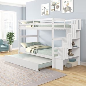 Letti a castello bianchi con due letti singoli, letto estraibile e funzione di contenimento sotto la scala per bambini - Product Image 6