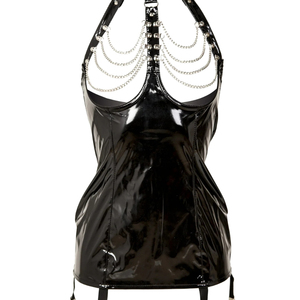 Combinaison en cuir PU noir pour femme avec détail chaîne, lingerie sexy à découpes - Product Image 1