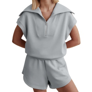 2025 conjunto corto de sudor sin mangas con media cremallera personalizado para mujer traje deportivo de ocio estampado para ropa ajustada - Product Image 2