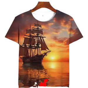 Camiseta de Manga Corta para Hombre con Estampado de Barco al Atardecer, Cuello Redondo, Corte Regular Informal, Tejido de Tela - Product Image 4