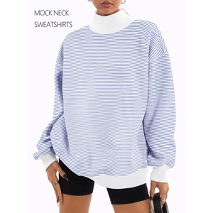 Sudadera Oversize de Cuello Alto a Rayas Azules y Blancas para Mujer, Jersey de Manga Larga a Rayas con Logo Personalizado, Top de Felpa Tejida para Otoño - Product Image 2