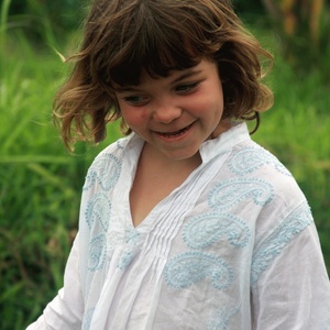 Superb Pure White 100% Fine Cotton Summer Long Sleeves Kaftan Or Beach Cover Up Dress With Light Blue Embroidery & Loose Fitting - Product Image 5