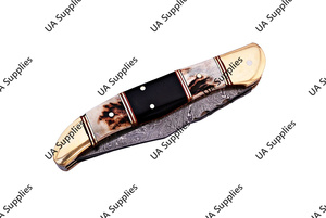 Couteau de poche pliant à double lame en acier Damas de haute qualité, manche en corne de taureau et de cerf, avec étui en cuir – Un incontournable pour votre sac à main - Product Image 5