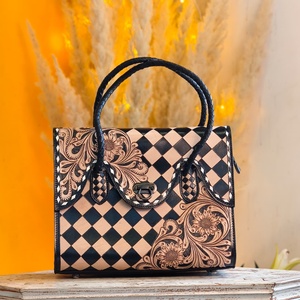 New Hand Tooling Solid Color Genuine Leather Tote Purse Bags with Zipper Closure and Embroidery for Women & Girls Beach Use - Product Image 1