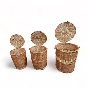 Woven Rattan <b>Laundry</b> <b>Basket</b> <b>Wicker</b> Hamper <b>Basket</b> with Lid Bamboo Storage Bin for Home Living Room - Product Image 1