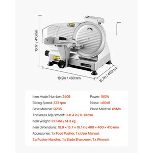 Affettatrice Elettrica Commerciale da 10 Pollici con Lama da 180W e Lama Premium 65Mn, Spessore Regolabile 0-0,4 Pollici per Alimenti da Gastronomia - Product Image 5