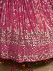 Pink Embroidered <b>Sequins</b> Zari Lehenga Set V Neck <b>Crop</b> <b>Top</b> Floor-Length A-Line Silhouette Pleated Skirt Dupatta Wedding Women - Product Image 5