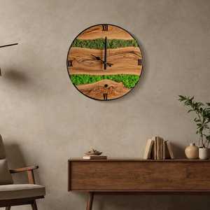 Olive Wood Wall Clock with Metal Frame Handmade Preserved Moss Panel Rustic Natural Wall Accent Housewarming Gift - Product Image 6
