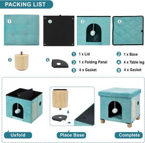 WALEED FURNITURE Foldable Cat House, Cat Cave, Cat Cube with Scratch Board & Ball, 12.5" x 14.5” x 14.1”, Green - Product Image 2