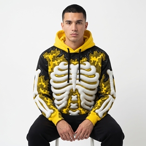 Sweat-shirt à capuche pour homme Dumela, imprimé squelette en relief, coupe ample, jaune, noir, camouflage, streetwear, vêtements d'automne - Product Image 4