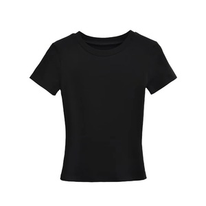 เสื้อยืดผู้หญิงสีแดง คอกลม แขนสั้น ทรงเข้ารูป ผ้าถัก เป็นมิตรกับสิ่งแวดล้อม สไตล์ลำลอง สำหรับฤดูใบไม้ผลิและฤดูร้อน สีพื้น - Product Image 3