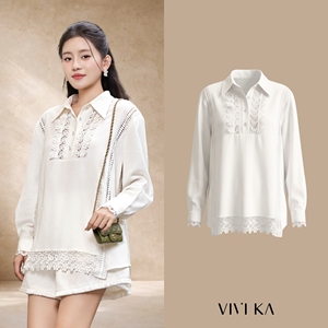 Women's <b>Linen</b> Ivory Lace Patchwork Long Sleeve Blouse Vintage Collared Loose Fit Shirt Elegant Floral Crochet <b>Top</b> KEIRA - Product Image 1