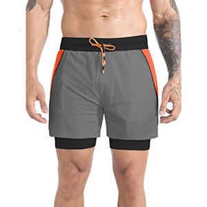 Pantalones Cortos Deportivos de Secado Rápido para Hombre, Color Gris con Franja Lateral Naranja, Cintura con Cordón Ajustable, Longitud Media, Tejido de Punto, Spandex, Poliéster - Product Image 1
