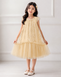 Vestido de Fiesta Elegante para Niñas, con Bordado, Tul, Volantes, Sin Mangas, Corte en A, Largo hasta la Rodilla, Estampado Floral |   Vestido de Princesa para Ocasiones Especiales - Product Image 4