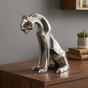 Sculpture de panthère en métal poli, figurine féline artisanale, statue de chat sauvage moderne, décoration animale abstraite, décoration de table, maison, bureau - Product Image 4