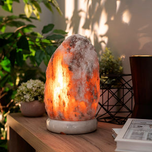 Lampe de sel de l'Himalaya naturelle sculptée en pierre grise avec variateur d'intensité et base en bois – Lampe de table en sel gris en gros - Product Image 1
