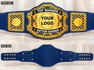 Ceinture de championnat de lutte personnalisée en cuir PU bleu avec plaque dorée et espace pour logo, personnalisable. - Product Image 1