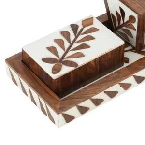 Floral Wood Inlay Incense Burner Set Bulk Luxury Mango Wood Bakhoor Censer with White Resin Inlay <b>Matching</b> Storage <b>Box</b> and Tray - Product Image 4