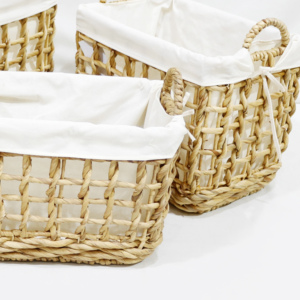 Artex Dong Thap Water Hyacinth Woven <b>Rectangular</b> Clothing Organizer <b>Storage</b> <b>Basket</b> Set of 3 with Liner - Product Image 4