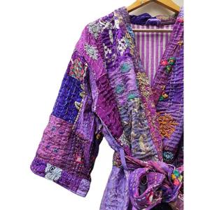 Women <b>Vintage</b> Purple Patchwork <b>Kimono</b> Robe V Neck Three Quarter Sleeve Knee Length Loungewear GIFT FOR HER - Product Image 2