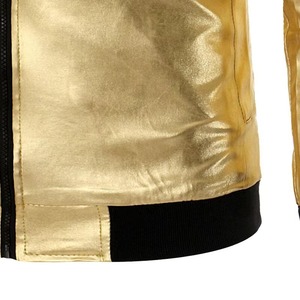 Men's Gold PU Bomber <b>Jacket</b> Stand Collar Zipper Front Casual Slim Fit Outerwear Autumn Wear - Product Image 4
