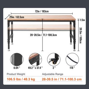 Banco da Lavoro Regolabile 72"L X 25"W con Ruote Universali, Altezza 28-39.5", Capacità di Carico 3000 LBS, Nuovo - Product Image 4