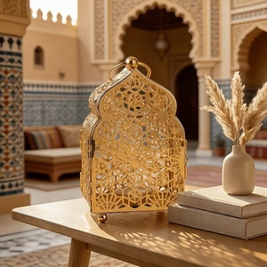 Ornate <b>Gold</b> Metal Moroccan <b>Lantern</b> with Geometric Cutwork Decorative Candle Holder for Ramadan Home Table Decor - Product Image 1