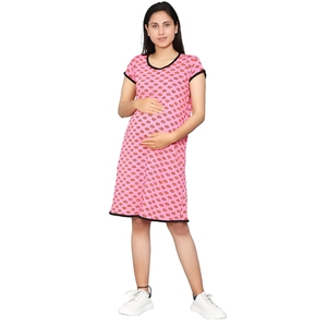 Robe T-shirt mi-longue rose imprimée à manches courtes pour femme, col rond, coupe ample, décontractée, printemps-été, 100 % coton tricoté respirant - Product Image 1