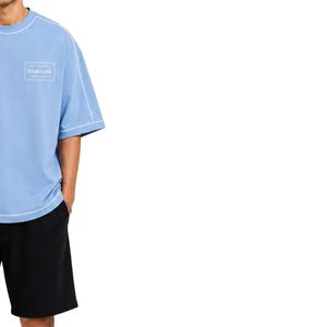 Light Blue And Black Mens Oversized <b>T</b> <b>Shirt</b> And Shorts Set Custom Logo Contrast Stitching Casual Streetwear Summer Two Piece Set - Product Image 4
