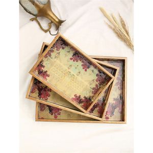 Bandeja de Servir Hecha a Mano de Madera de Mango con Incrustaciones Metálicas Florales Talladas |   Bandeja Otomana Rectangular Decorativa Antigua con Asas - Product Image 4