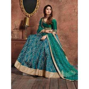 Teal Green <b>Sequins</b> <b>Art</b> Silk Wedding Wear Lehenga Choli - Product Image 4