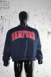 SAMFORD NAVY BLUE <b>Mock</b> <b>Neck</b> Sweatshirt 100% RED Applique Embroidery wide <b>neck</b> Sweatshirt Finer Threads - Product Image 3
