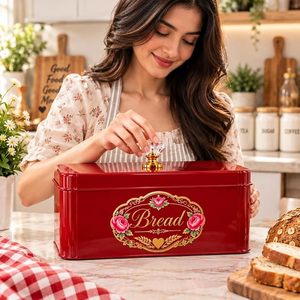 Caja de Pan Metálica Roja de Gran Capacidad, Estilo Vintage con Tapa Abatible Floral, Contenedor de Almacenamiento de Alimentos para Cocina - Product Image 3