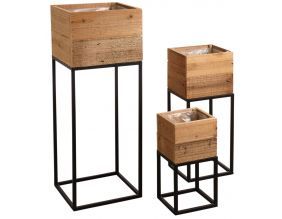 Set 3 Wooden <b>Square</b> Floor <b>Vase</b> with Black Metal Stand Rustic Design for Floral Display - Product Image 1