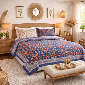 Juego de sábanas tamaño King de algodón 100% estampado a mano en Jaipur, diseño floral, 3 piezas, tinte no tóxico, suave, transpirable, para uso doméstico. - Product Image 4