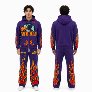 Conjunto Deportivo para Hombre con Estampado de Llamas Púrpuras, Sudadera con Capucha y Pantalones Jogger, Ropa Deportiva Gráfica de Dos Piezas, Venta al Por Mayor - Product Image 1